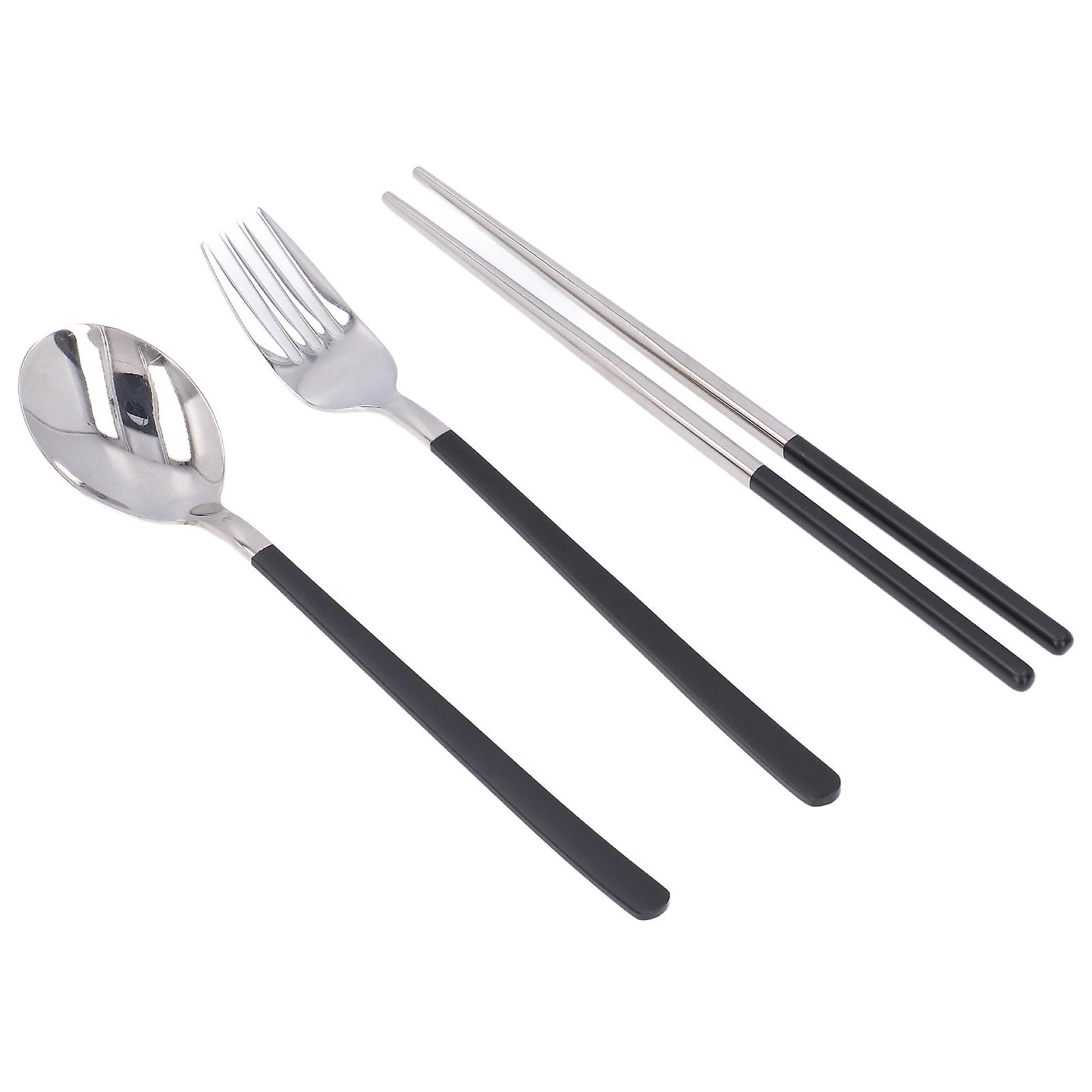 304 Stainless Steel Fork Spoon Chopsticks Set Flatware Reusable Utensils Set For Students Office Workersblack Silver