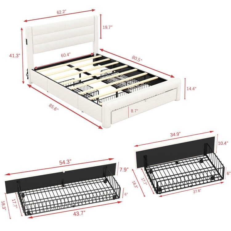 Queen Size Platform Bed Frame with Drawers Storage  Leather Upholstered Platform Bed Frame with Charging Station