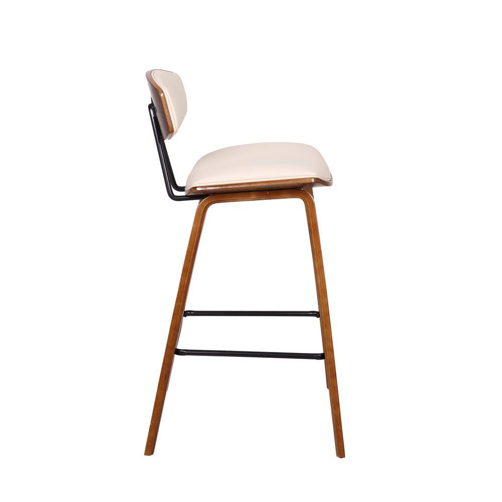 Armen Living Fox 26 in. Mid-Century Counter Height Bar Stool in Cream Faux Leather with Walnut Wood LCFOBAWACR26