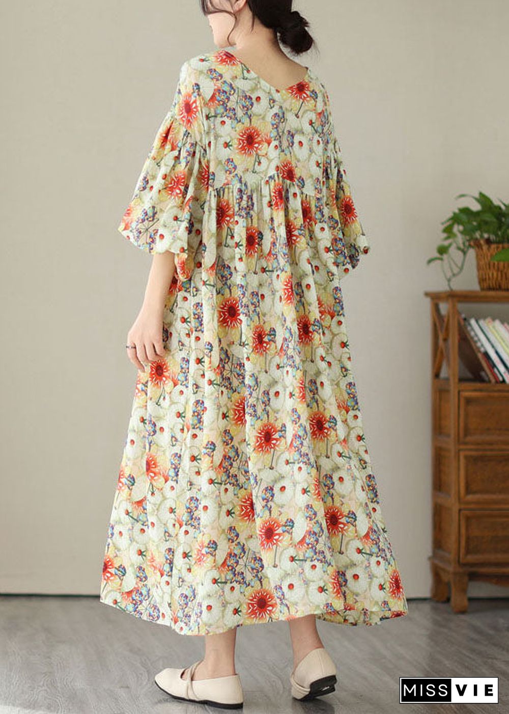 Fine Floral V Neck Wrinkled Patchwork Cotton Long Dresses Summer