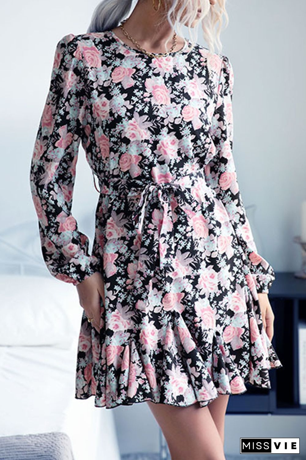 Floral Print Long Sleeve Ruffles Mini Dress Wholesale