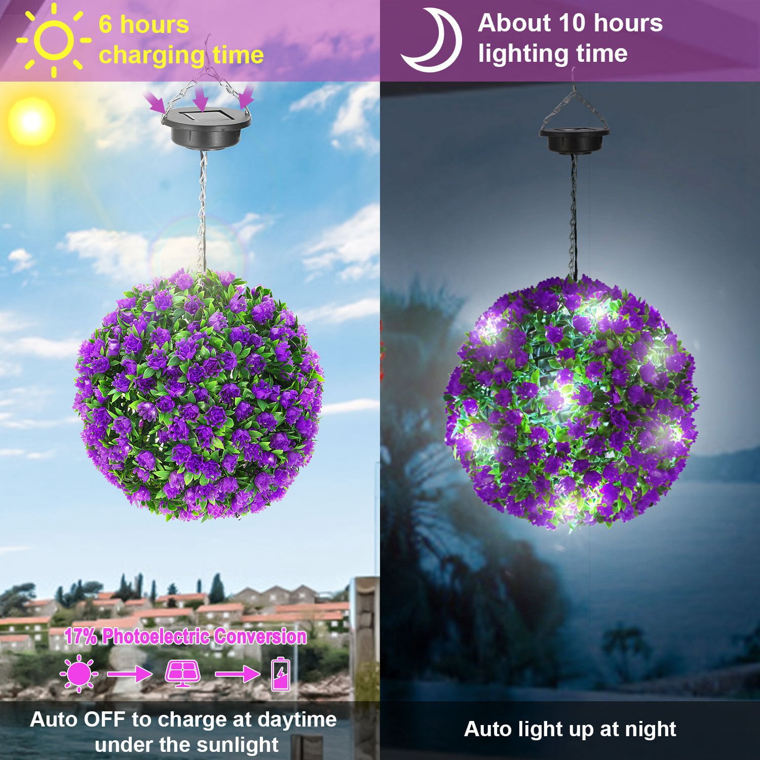 LED Solar Flower Ball Light， Artificial Rose Lantern Hanging Lam， Art Decor Holiday Party Display-Purple