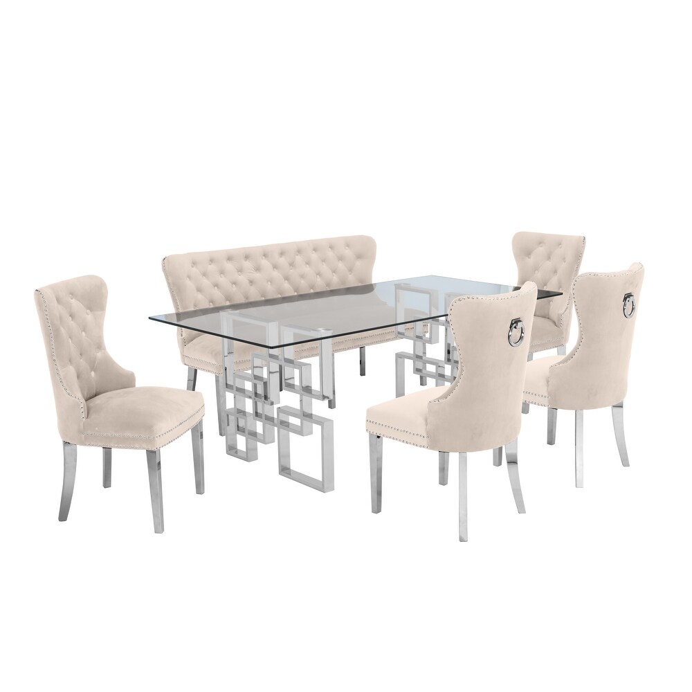 Best Quality Furniture 6 Piece Dining Set with Chrome Legged  Tufted  Nailhead Trim Chairs