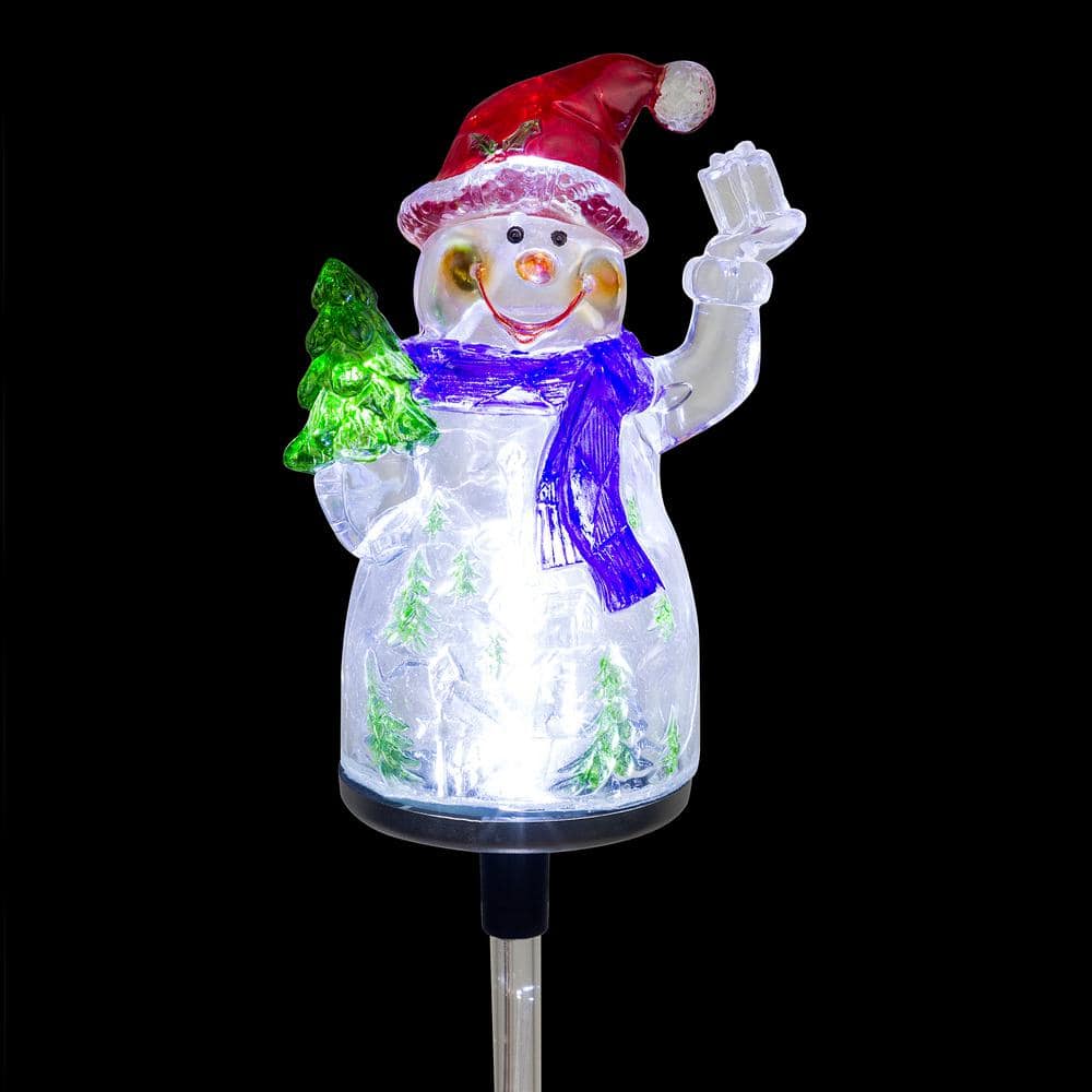 Alpine Corporation 34 in. Tall Solar Snowman Fiber Optic Garden Stake with LED Lights, Set of 2 QLP1103SLR-2