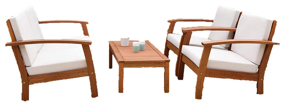 4 Pieces Patio Set  Eucalyptus Wood Frame With Cushioned Seat and Back   Farmhouse   Console Tables   by Declusia  Houzz