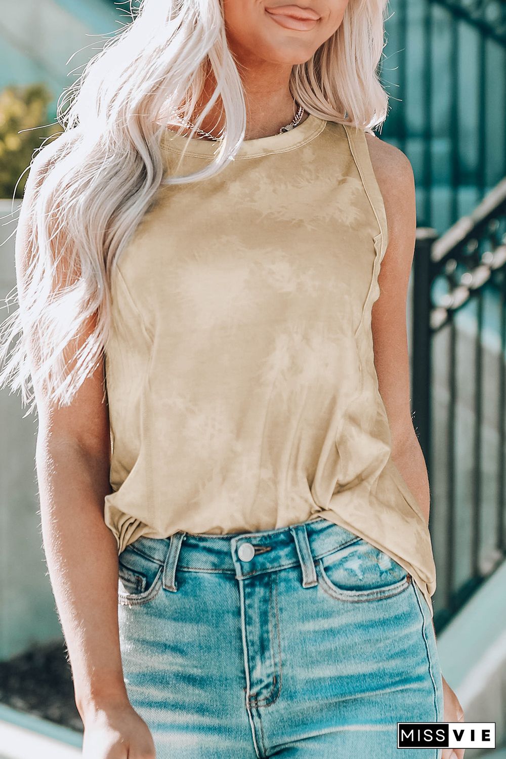 Khaki Tie Dye Print Seamed Crew Neck Tank Top