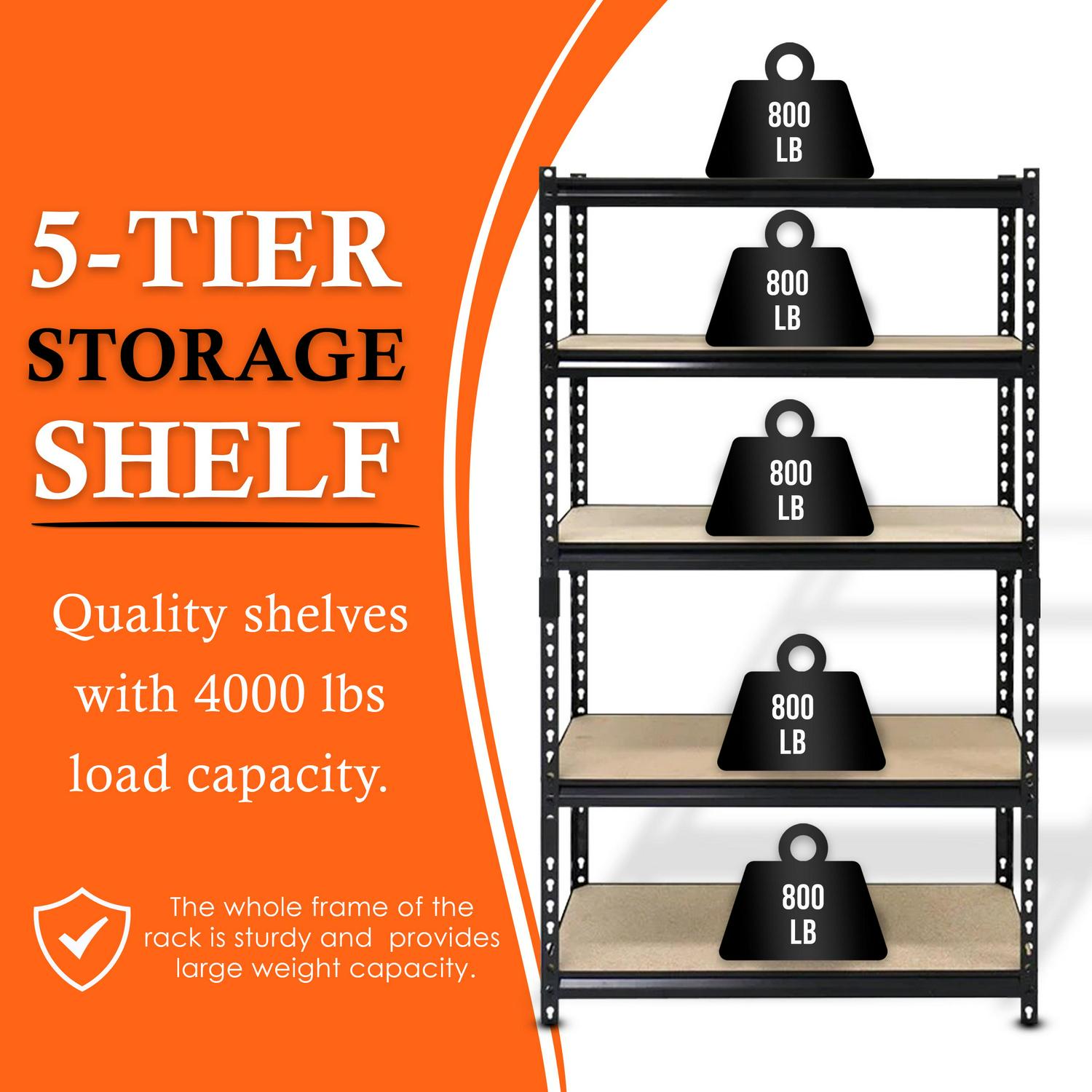 Juggernaut Storage 48W x 18 D x 72 H 5-Shelf Steel Shelving， 4000 lb Capacity Black