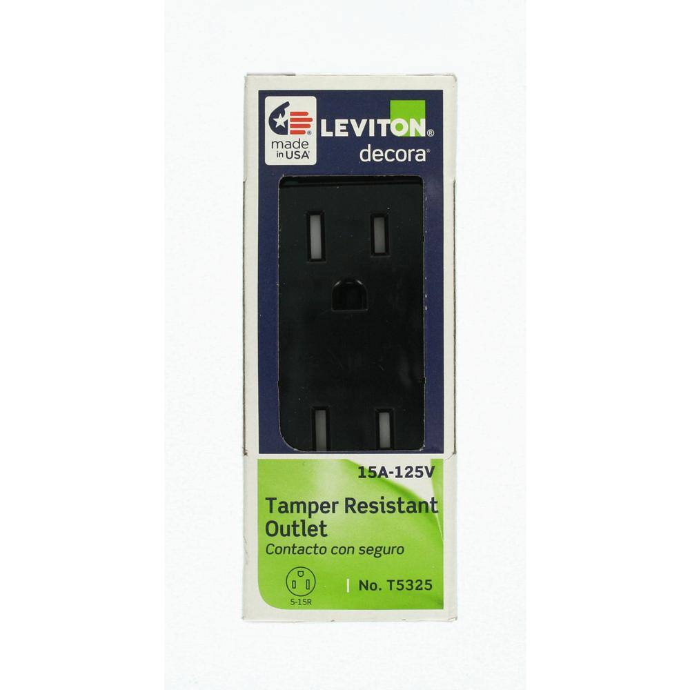 Leviton Decora 15 Amp Tamper Resistant Duplex Outlet Black R55-T5325-0DE