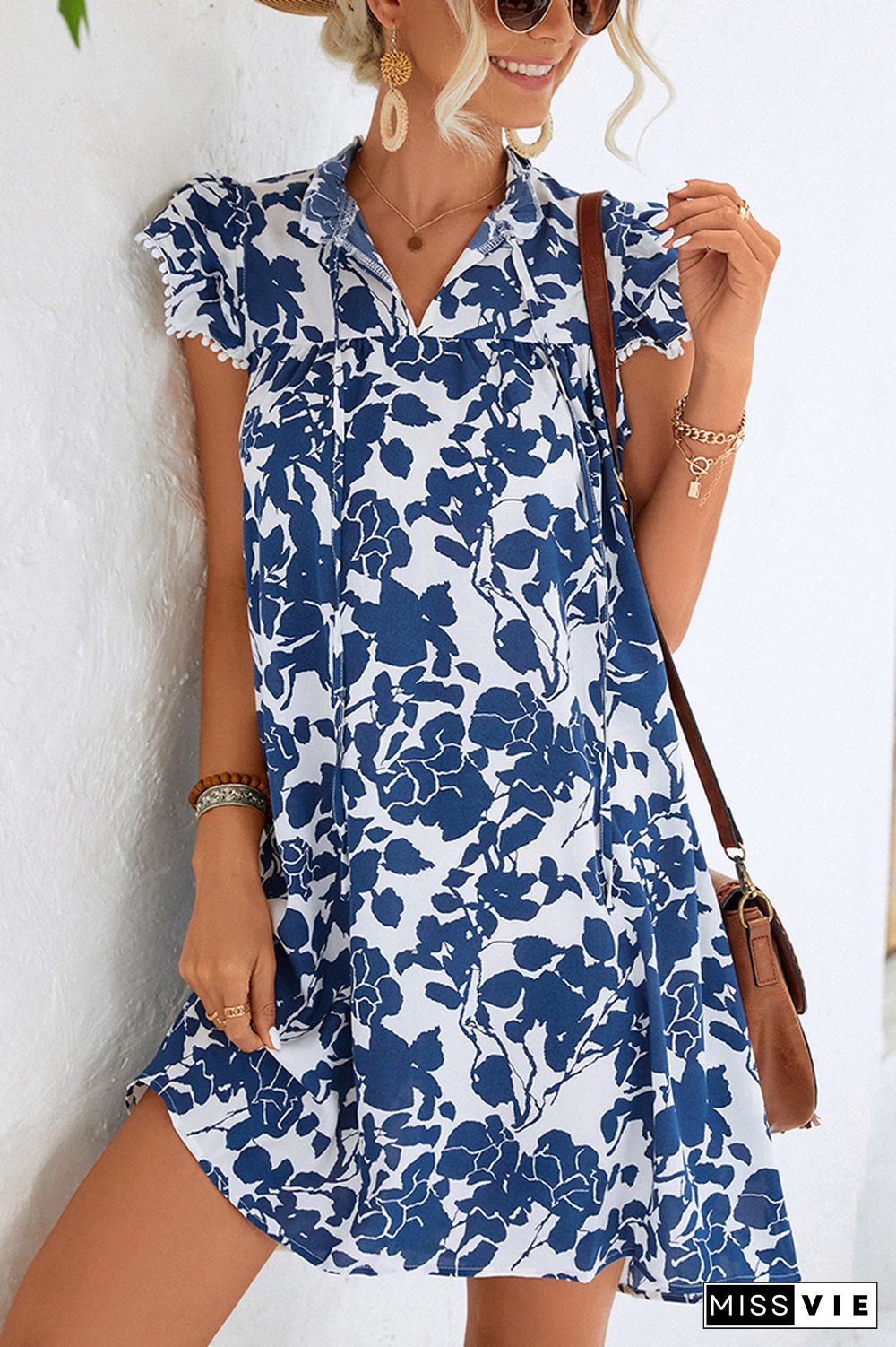 Split Collar Ruffles Floral Dress