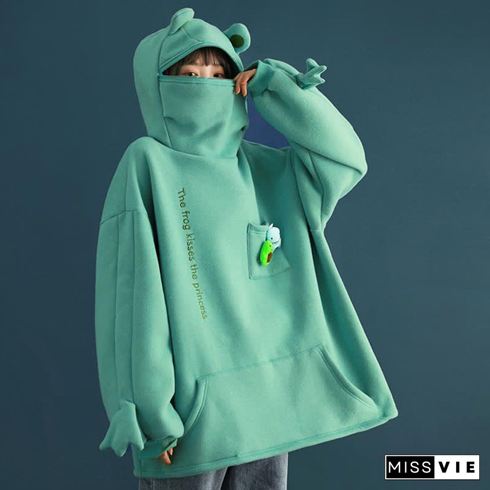 Frog Letter Zipper Pocket Oversized Hoodie THE FROG KISSES THE PRINCESS