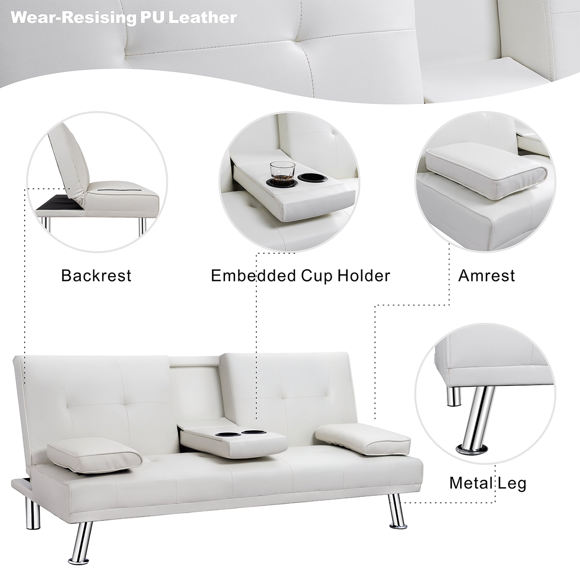 Hapnomic Modern White Faux Leather Couch, Convertible Sofa Bed