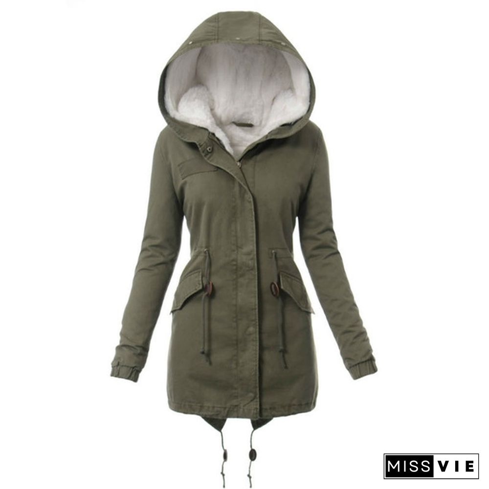 Winter Fashion Women Fur Collar Parka Jacket Fleece Lined Winter Warm Hooded Zipper Coats Military Outerwear