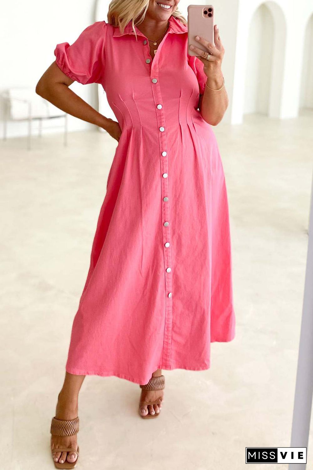 Casual Solid Buckle Turndown Collar A Line Dresses