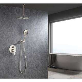 Mondawe Mondawell Round 3-Spray Patterns 10 in. Ceiling Mount Rain Dual Shower Heads with Handheld and Valve in Brushed Nickel MA-D96205BN