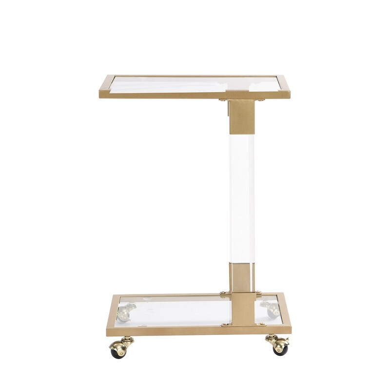 Grondin Modern Contemporary C Shaped Side Table Snack Table with Tempered Glass  Steel and Acrylic Frame  Lockable Casters