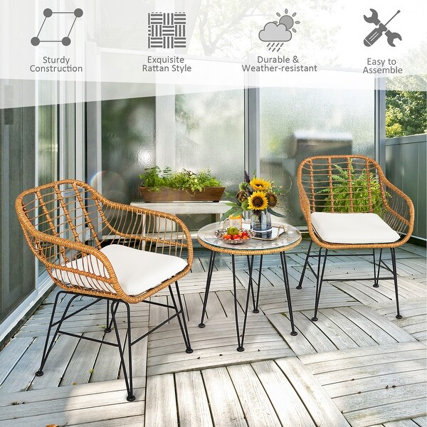 Costway 3PCS Patio Rattan Bistro Furniture Set Cushioned Chair Table