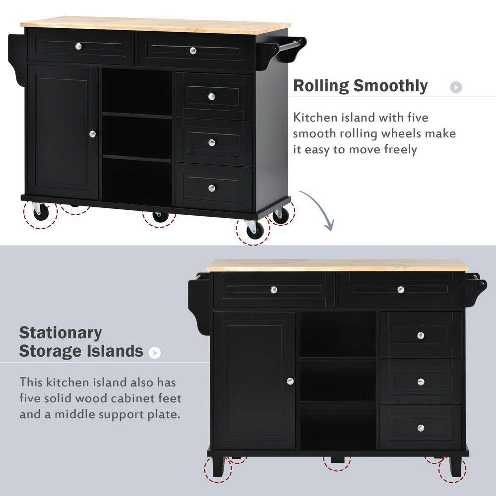 Black Kitchen Island with Wheels Large Storage and Adjustable Shelves Q003-AAB