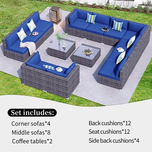 OVIOS 14piece Deep Seat Wicker Conversation Sectional Set with Glasstop Table