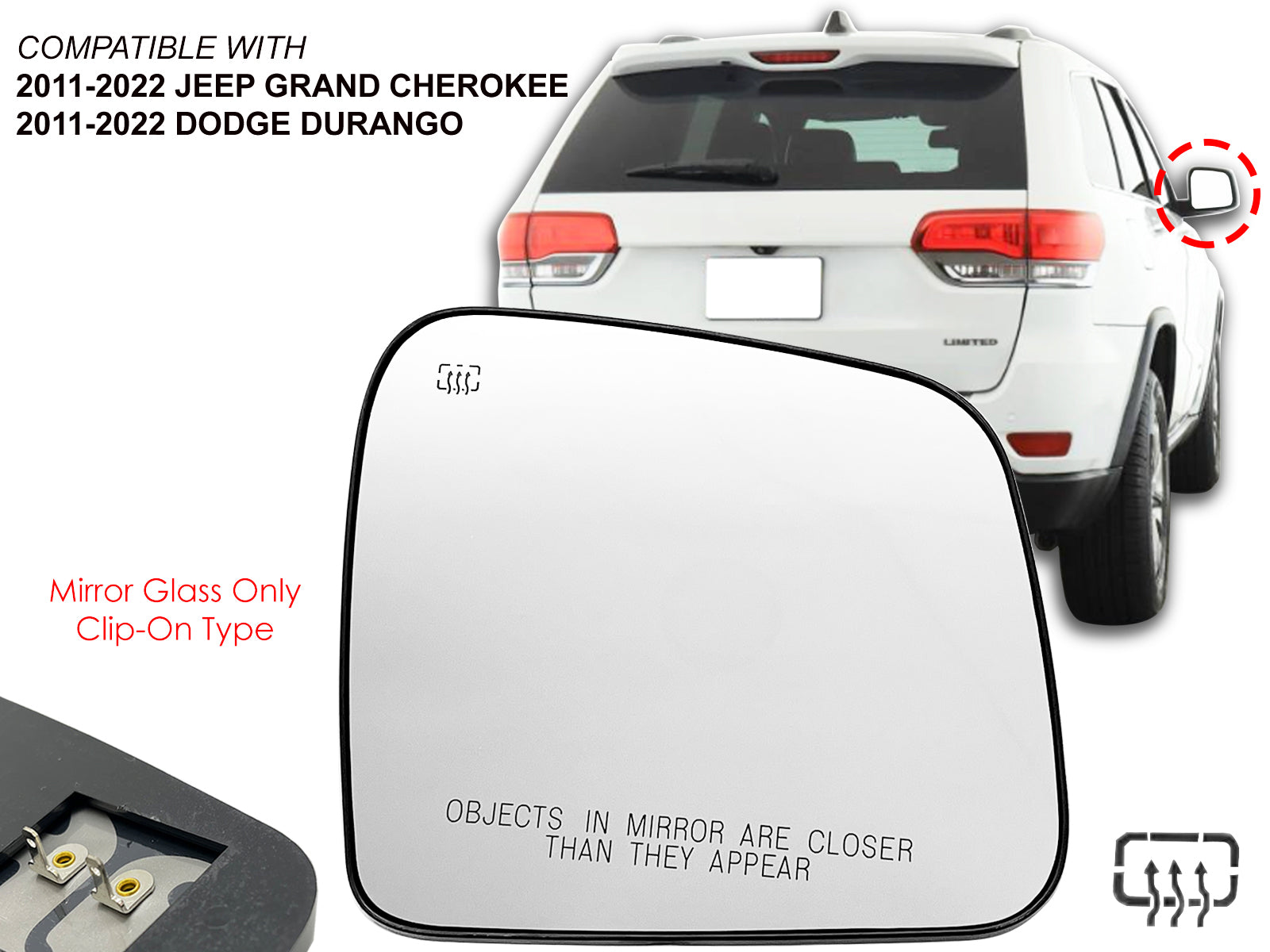 APA Replacement for Exterior Door Mirror Glass for 2011 - 2022 GRAND CHEROKEE / DURANGO Heated Passenger Right Side CH1325129 68082636AB