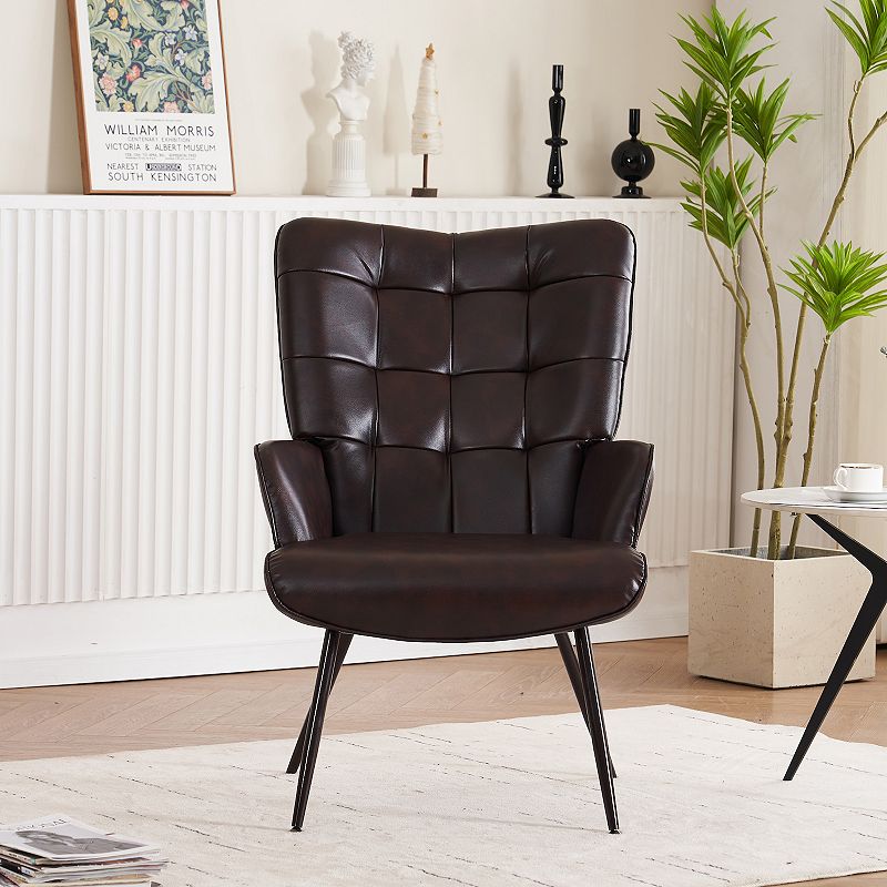 Unikome Vintage Faux Leather Wingback Accent Chair Armchair with Metal Legs for Living Room