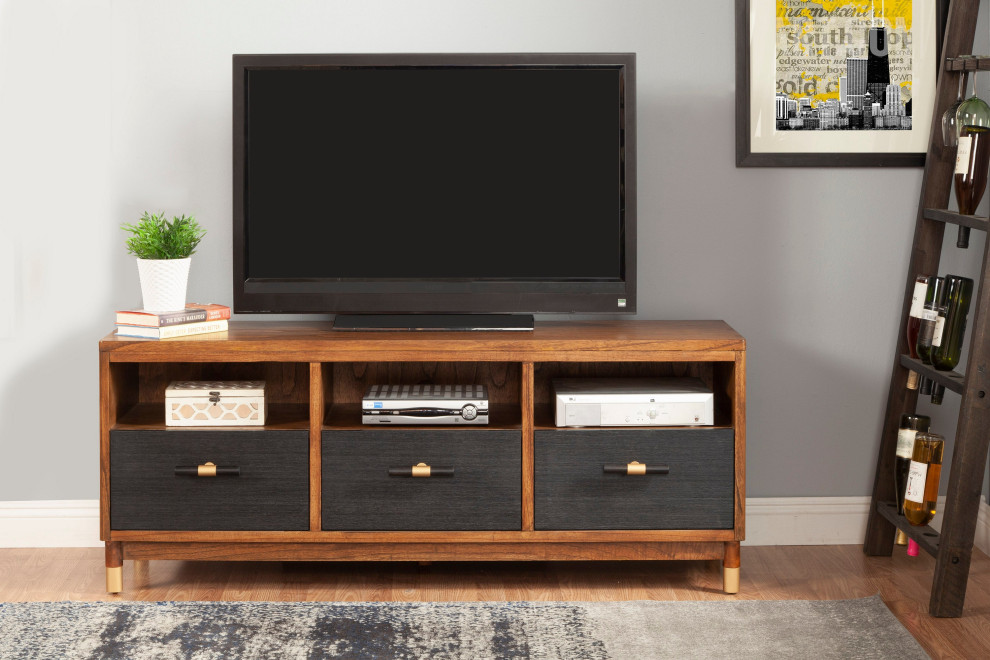 Belham 3 Drawer TV Console  Dark Walnut   Midcentury   Entertainment Centers And Tv Stands   by Kolibri Decor  Houzz