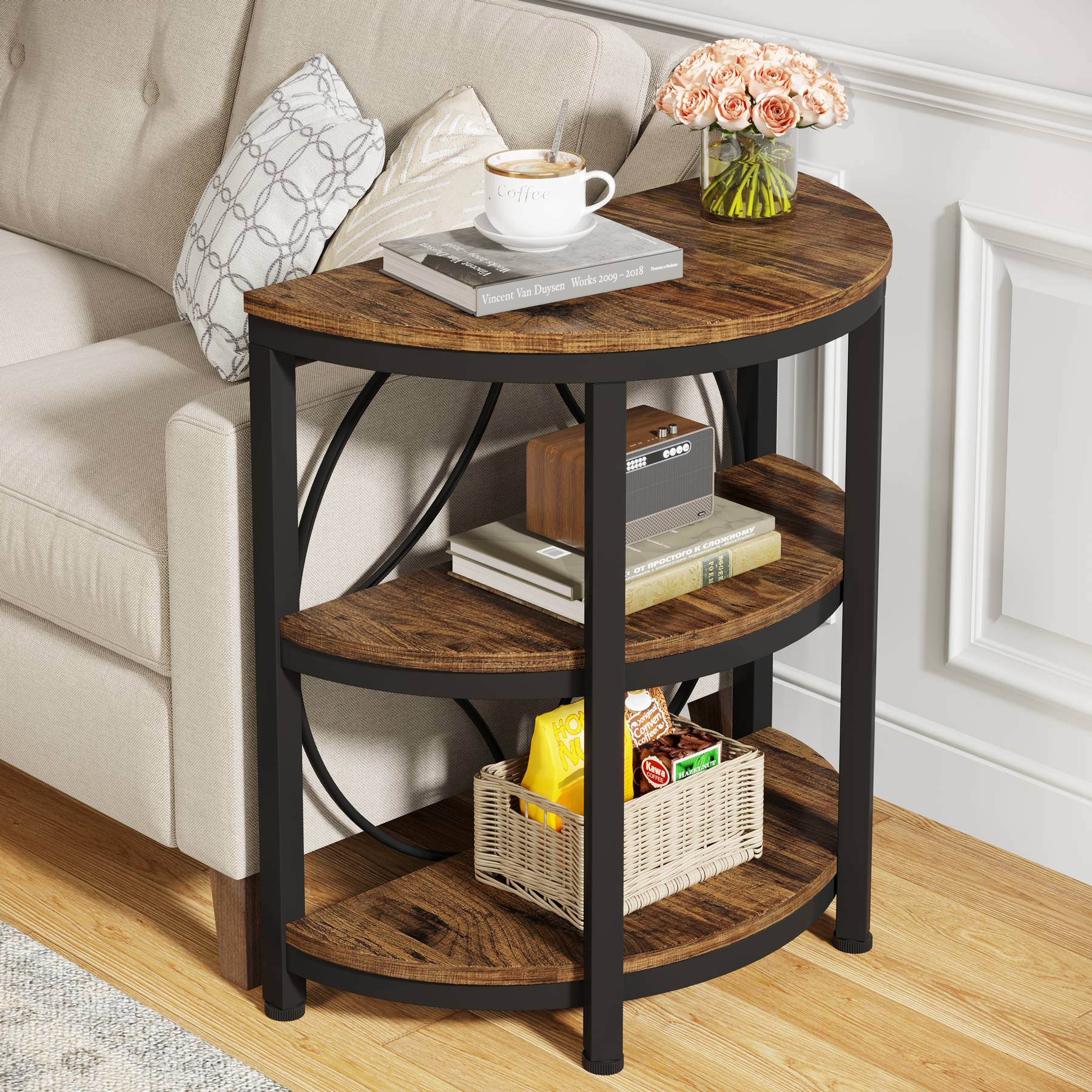 Half-Round End Table, 3-Tier Narrow Side Table with Metal Frame