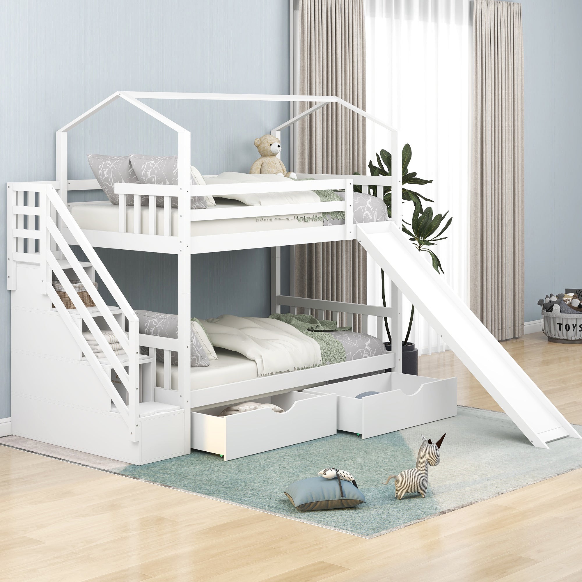 Euroco Twin House Bunk Bed with Storage for Kids, White