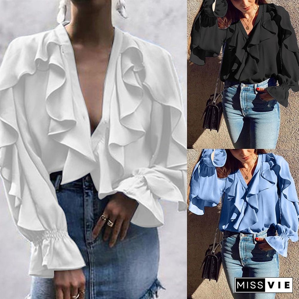 Womens Long Sleeve Shirt Chiffon Blouse Ruffle V Neck Irregular Streetwear Casual Loose Ladies Tops Plus Size S-5XL