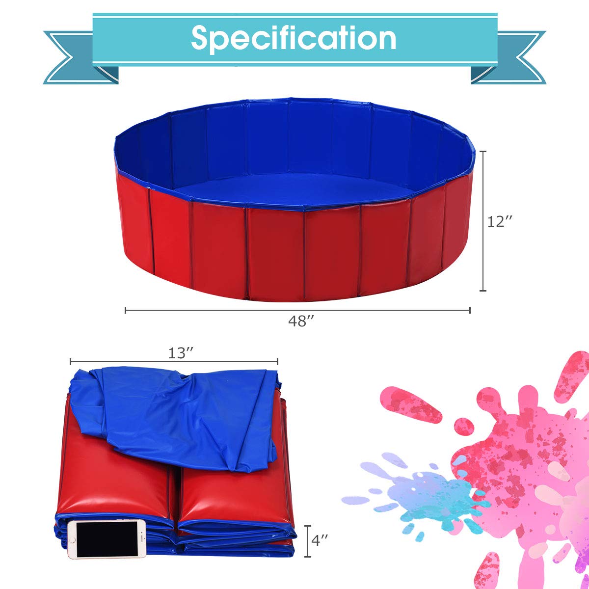 Costzon Foldable Swimming Pool for Kids, 48'' x 12'' Collapsible Bathing Tub w/ Bottom Drain Plug