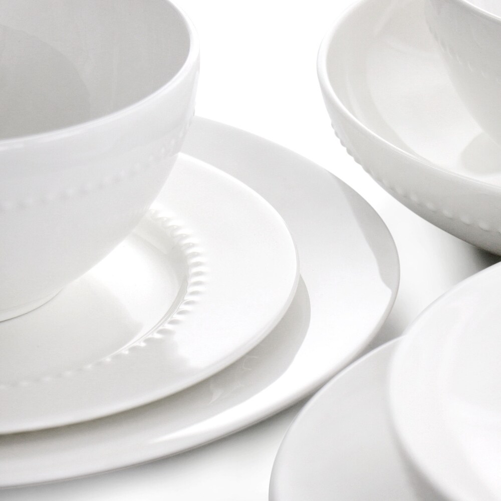 Gibson Elite Embossed Bone China 16 Piece Double Bowl Dinnerware Set in White   16 Piece Set