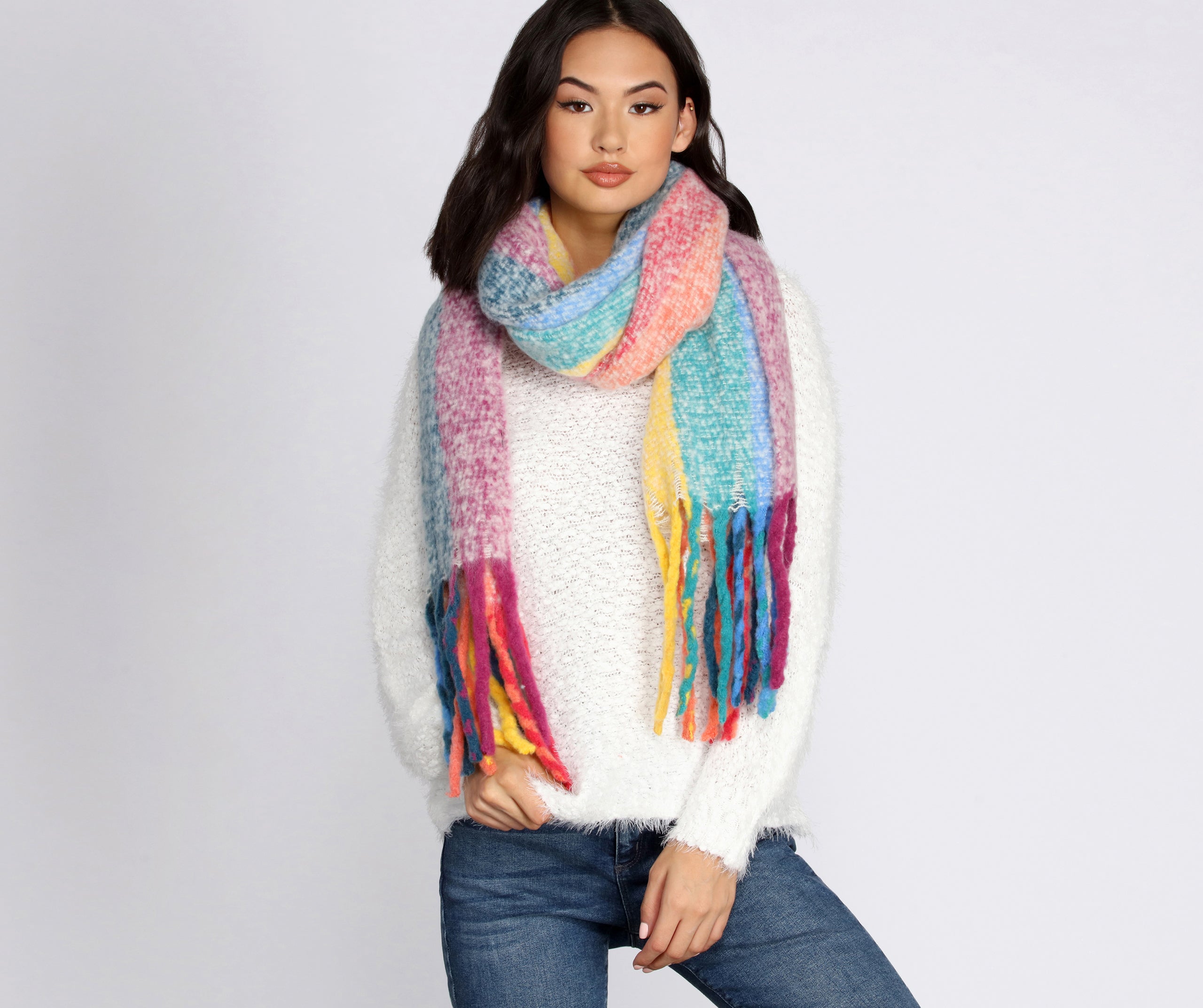 Rainbow Striped Fringe Scarf