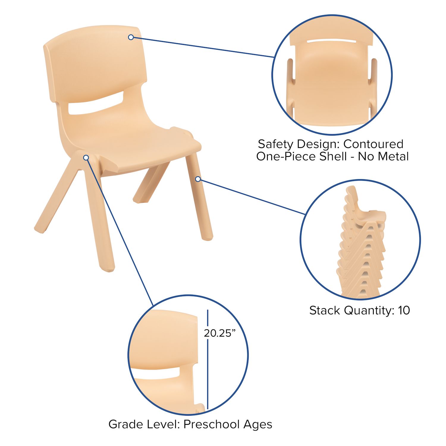 Emma and Oliver 25.125W x 35.5L Crescent Natural Plastic Adjustable Kids Table Set - 2 Chairs