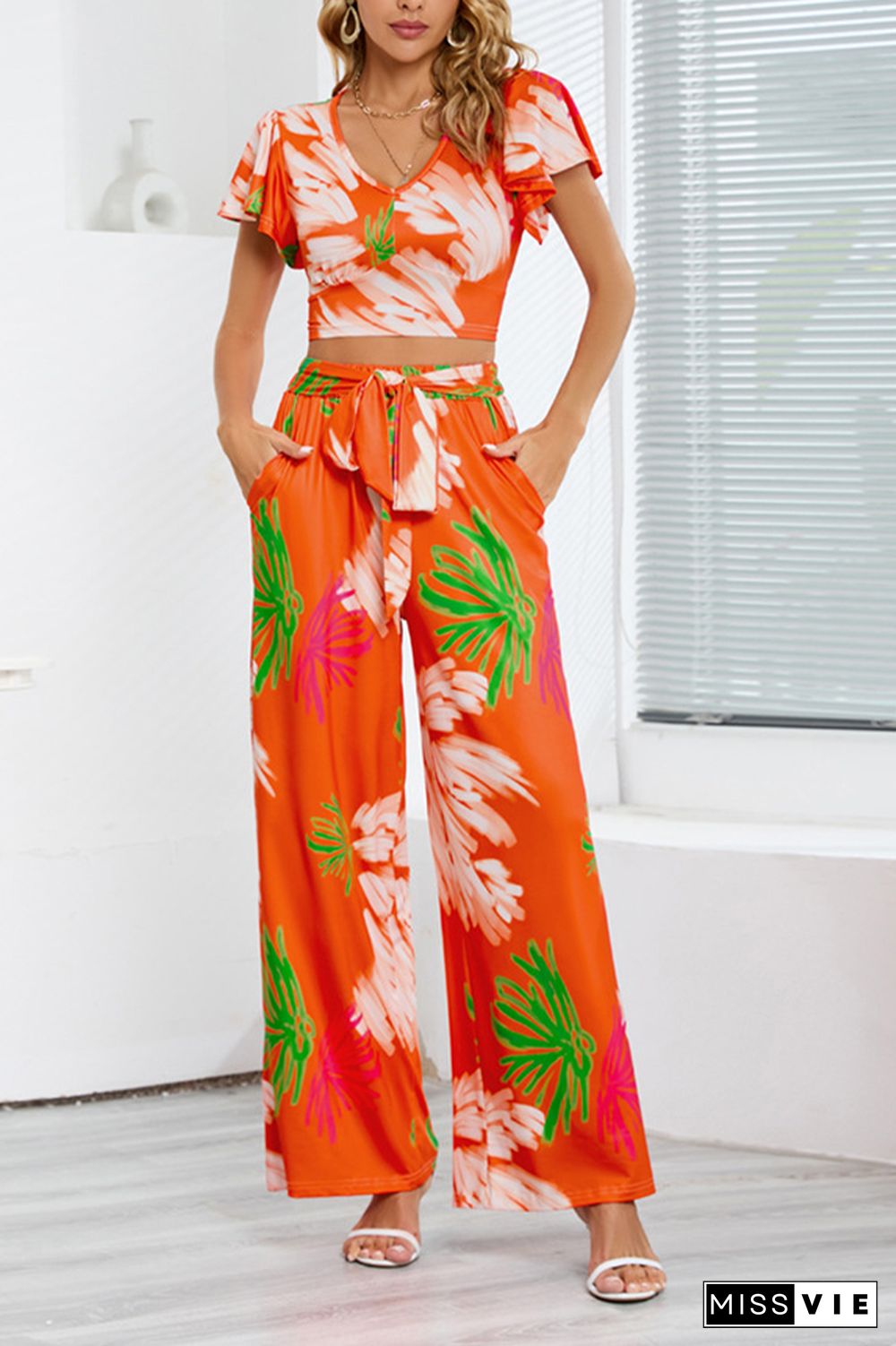 Leaf Print Crop Top and Wide Leg Pants Two Pieces Set