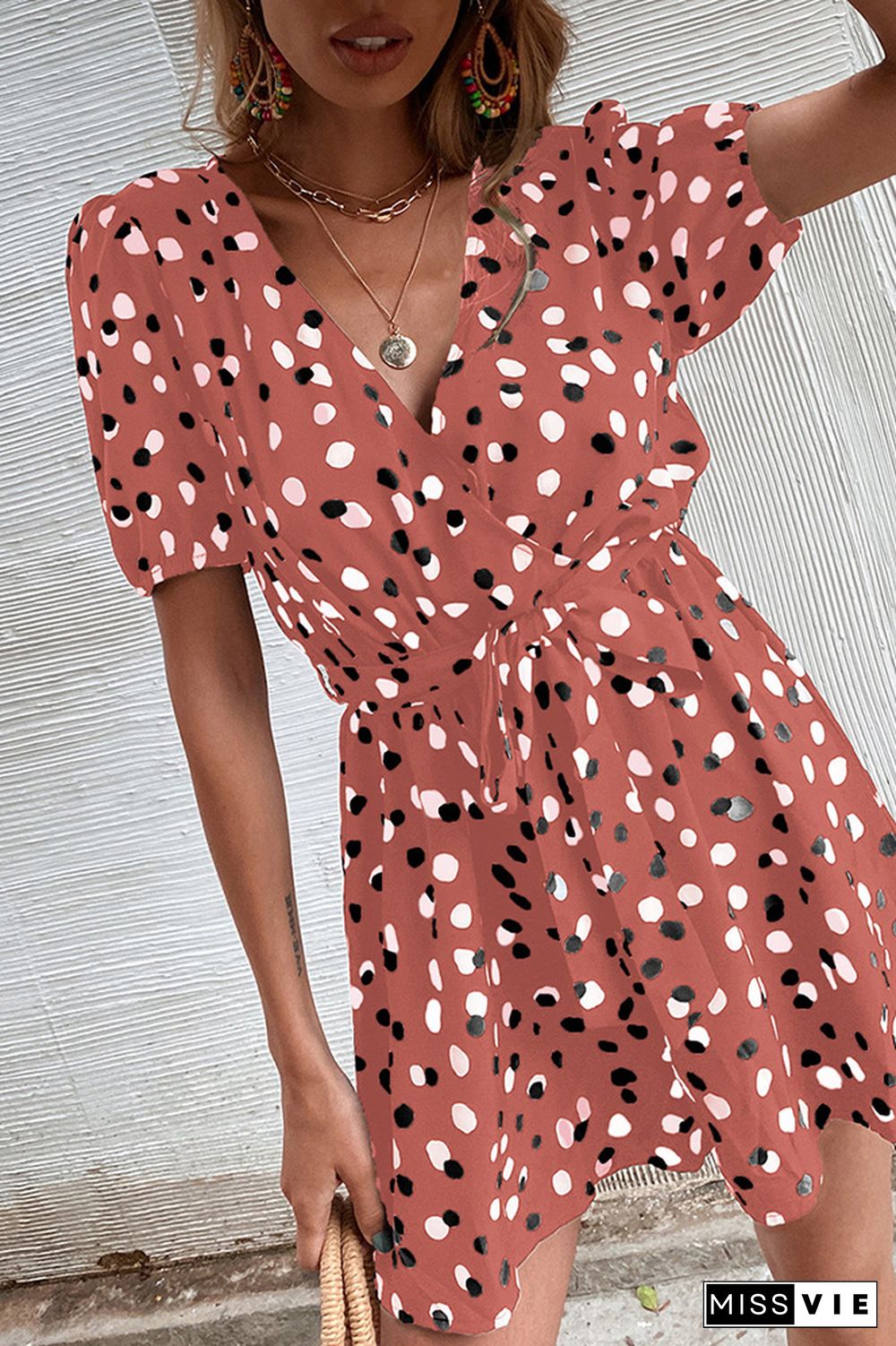 Wrap V Neck Spot Print Romper With Sash