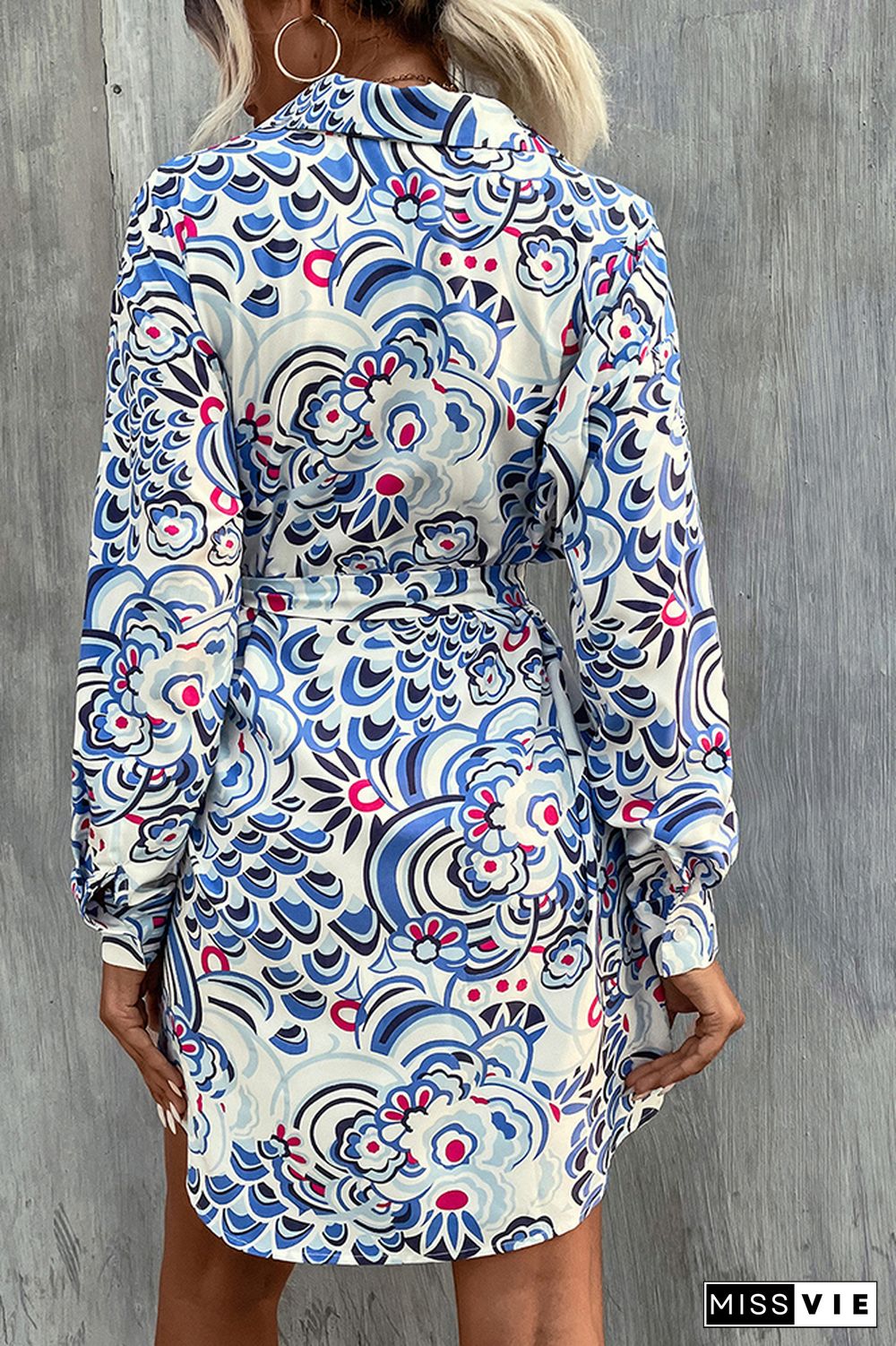 Blue Printed Front Open Button Waist Tie Long Sleeves Dress