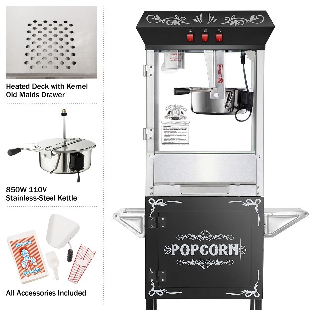 Great Northern Popcorn 8 Oz Popcorn Machine Stainless Steel Kettle Heated Warming Deck Old Maids Drawer And Cart Black