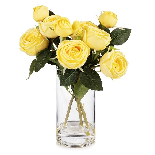 Enova Home Artificial Silk Rose Flowers in Clear Glass Vase with Faux Water for Home Office Wedding Decoration