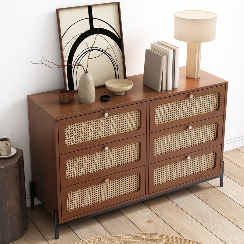47'' Modern Solid Wood 6 Drawer Dresser with Rattan Decorative Doors (2 Colors）