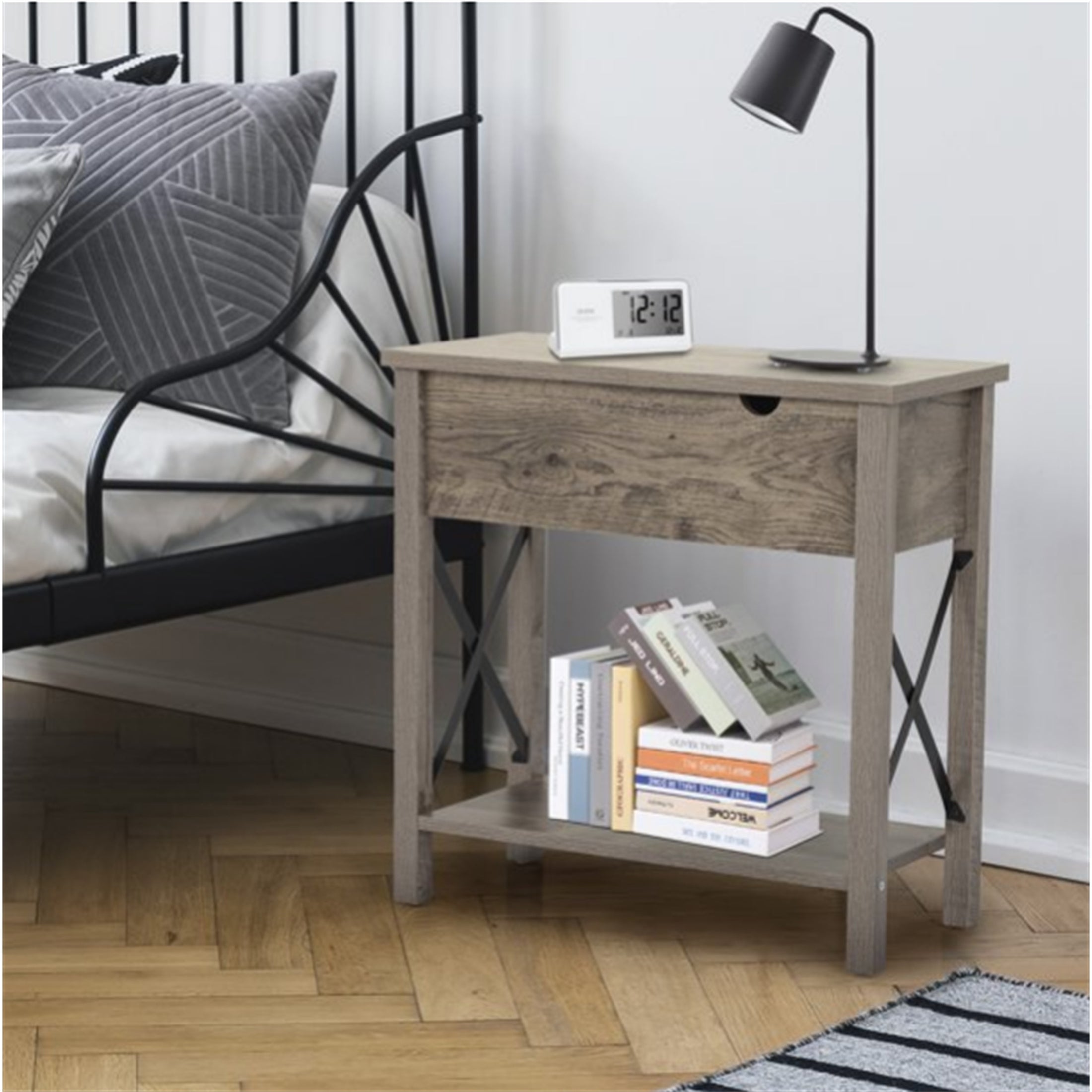 Flip Top End Table Charging Station Narrow Side Table with Drawer Gray