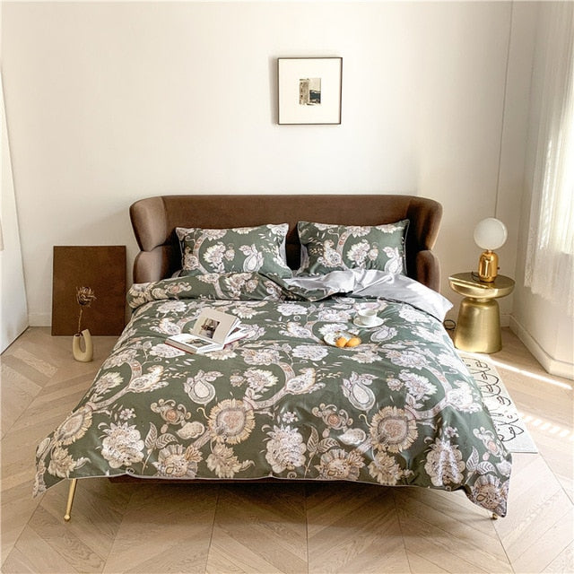 6Pcs Luxury Egyptian Cotton Bedding Set Bright Flamingo Leaf Duvet Cover Bed Fitted sheet