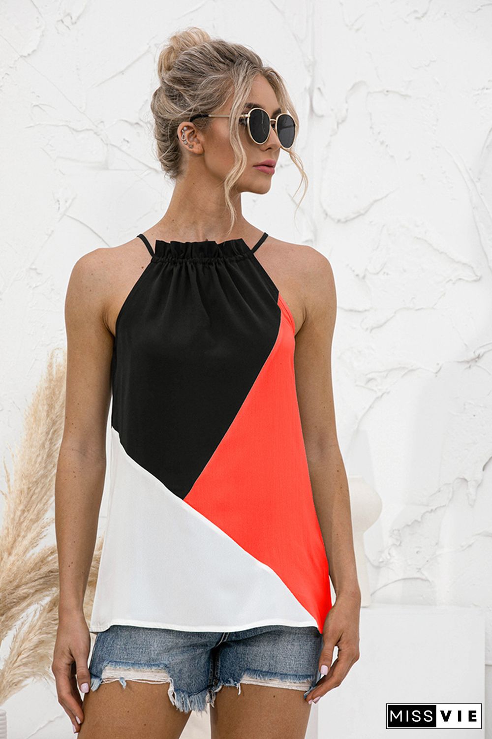 Color Block Halter Sleeveless Tank Top