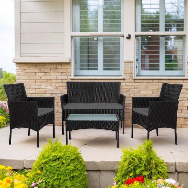 4 Piece Patio Conversation Wicker Furniture Set，Outdoor Rattan Sectional Furniture Set With Cushions