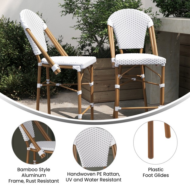 Merrick Lane Set Of Two Indoor outdoor Stacking French Bistro Counter Stools With White And Gray Patterned Seats And Backs amp Bamboo Finished Metal Frames