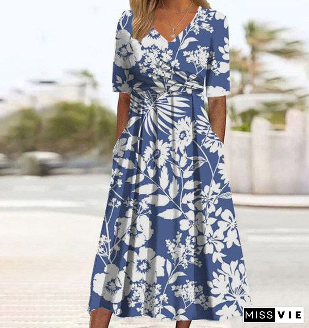 Blue Floral Print V-Neck Midi Dress