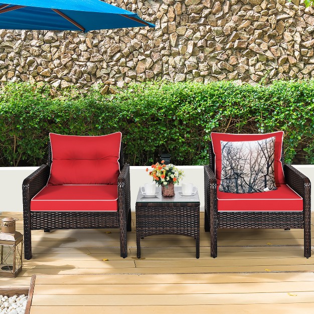 Tangkula 3pcs Outdoor Patio Rattan Wicker Conversation Set W cushions