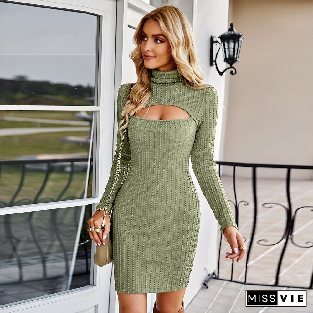 Long Sleeve Chic Hollow Out Knit Dress For Women Fall/Winter Dresses New High Neck Elastic Pits Wrap Hip Mini Dress