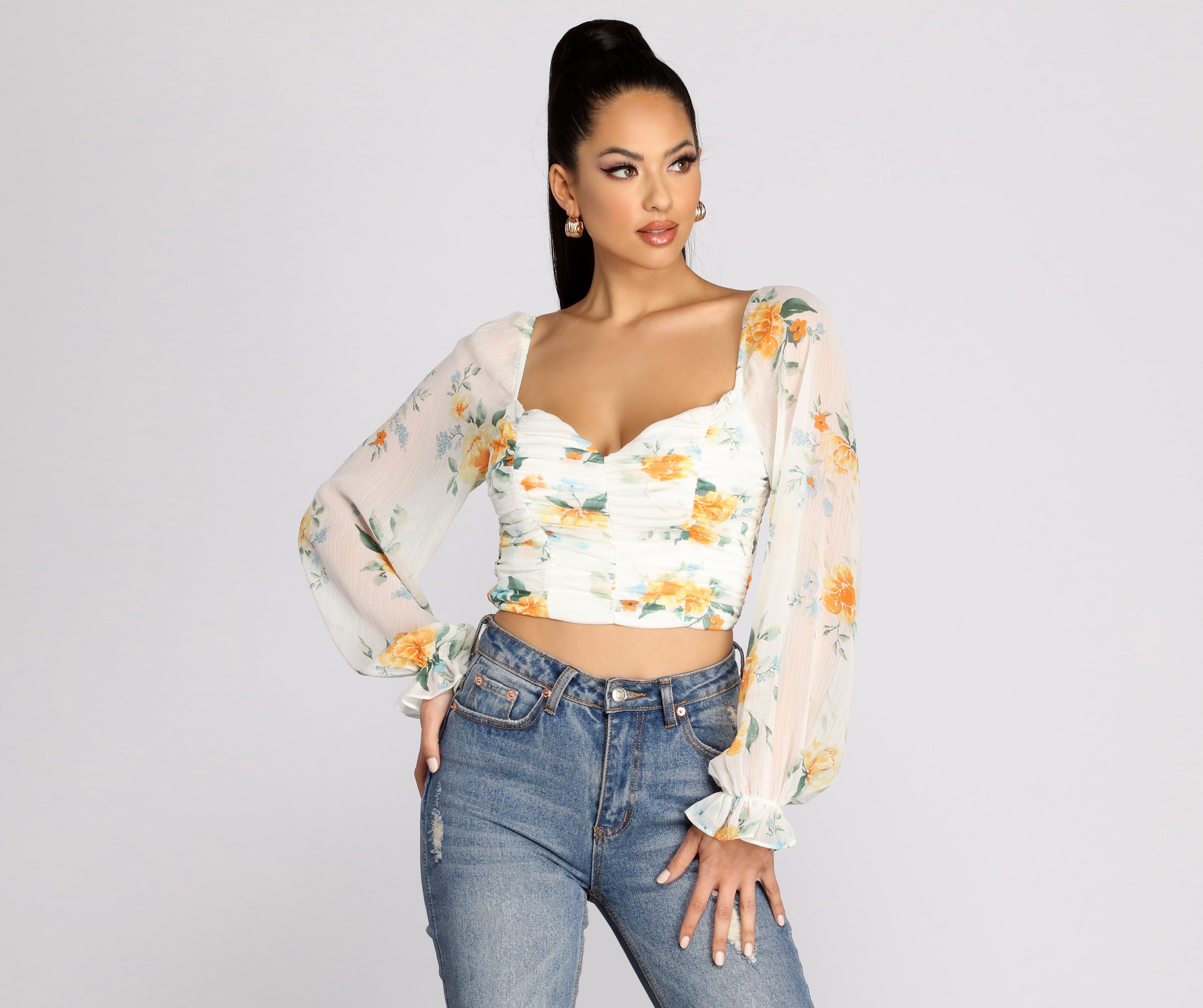 Floral Sweetheart Ruched Crop Top