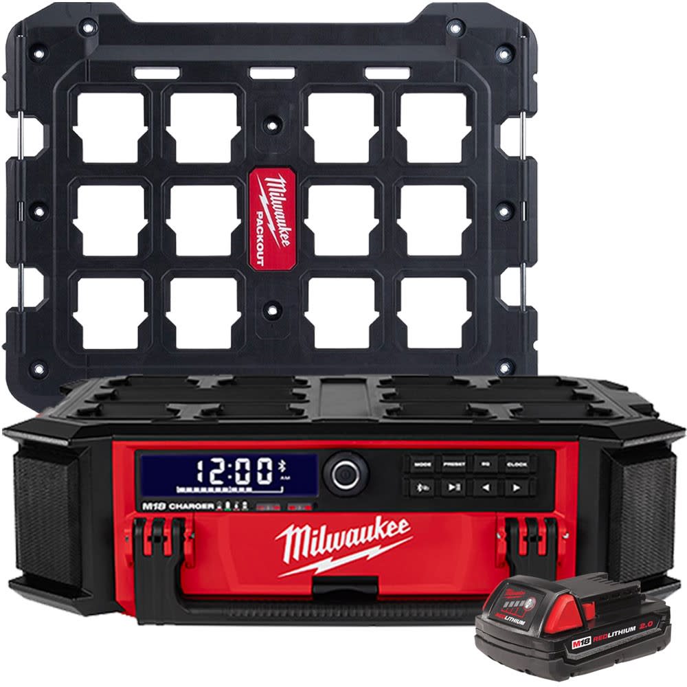 MW M18 PACKOUT Radio + Charger with M18 2.0Ah Battery and Mounting Plate Bundle 2950-20BATMP from MW