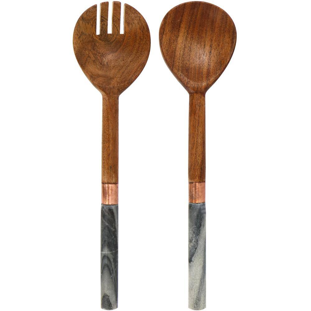 Laurie Gates California Designs Marble and Acacia Wood 2 Piece Salad Server Set 985119087M