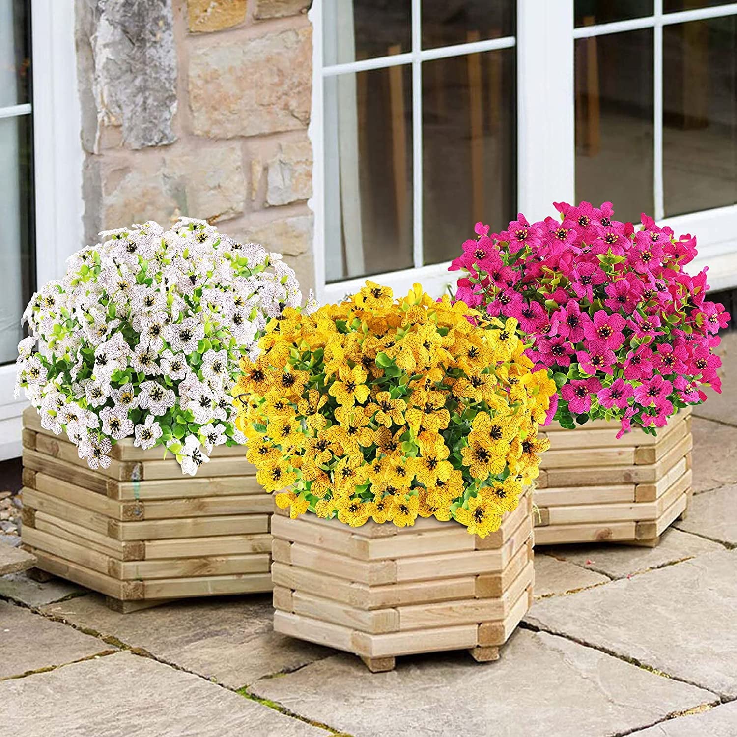 Sinhoon 6 Bundles Artificial Flowers UV Resistant Fake Plants Outdoor Faux Plastic Flowers Garden Window Box Porch Home Decor (White)